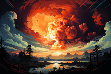 Aufkleber - A digital painting showcasing an abstract interpretation of a nuclear explosion at a power plant. Generative AI technology.