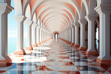 Poster - A minimalist representation of a Roman Colonnade, using simple geometric shapes and a monochromatic color palette to convey the elegance Generative AI technology.