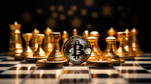 Bitcoin Coins Located On A Chess Board. - Planning And Investment Concept.