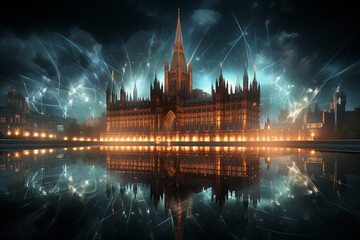 Aufkleber - A digital artwork of the Palace of Westminster, utilizing geometric patterns and lines to depict the intricate details of the façade and emphasize the symmetry. Generative AI technology.