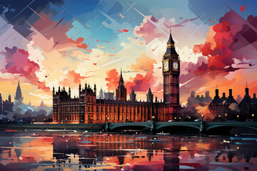 Poster - An abstract painting of the Palace of Westminster, featuring bold geometric shapes and vibrant colors that capture the architectural grandeur . Generative AI technology.