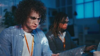 Team of programmers working in futuristic office, creating software, hackers