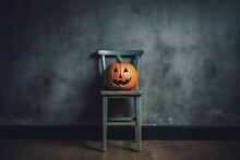 A Wooden Chair With A Carved Pumpkin On It Created With Generative AI Technology