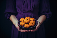 Anonymous Woman In A Purple Dress Holding A Plate Of Small Pumpkins Created With Generative AI Technology