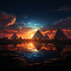 Poster - The pyramids are depicted with intricate lines and patterns, creating a sense of depth and dimension.  Generative AI technology.