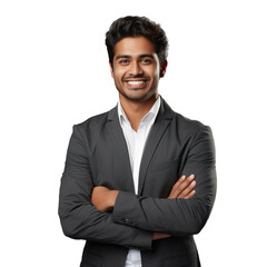 smiling indian businessman in casual attire standing with folded hands on transparent background