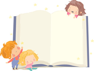 Sticker - Cute Cartoon Children standing near Big Book. Vector Illustration