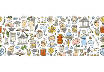 Fototapete - Philosophy concept art, hand-drawn philosophers and elements. Seamless pattern background for your design. Horizontal line