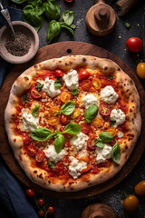 Delicious pizza with mozzarella on a wooden board