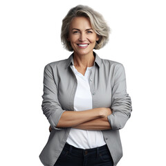 Smiling successful businesswoman in casual clothes confidently posing with crossed arms