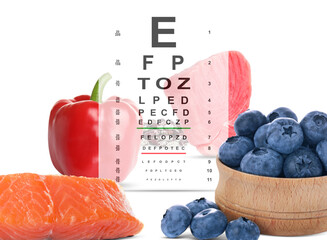 Wall Mural - Improving eyesight. Vision test chart and different food products, double exposure