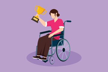 Wall Mural - Graphic flat design drawing happy beautiful woman in wheelchair holding golden cup trophy winner podium. Sport game competition, training, challenge, business goal. Cartoon style vector illustration