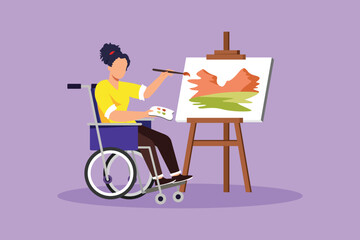 Wall Mural - Graphic flat design drawing of disabled woman in wheelchair painting landscape on canvas. Rehabilitation physiotherapy. Physical disability, society responsibility. Cartoon style vector illustration