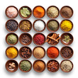 various spices in wooden bowls, isolated