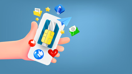 Poster - Man holding smartphone with Argentina mobile operator SIM card and app icons. Safety concept. 3d banner with copy space