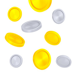 Poster - Gold and silver coins falling down. 3d vector illustration isolated on white