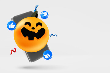Aufkleber - Modern smartphone with halloween emoji social media icons. 3d vector banner with copy space
