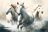 Fototapeta Konie - Watercolour abstract animal horse painting of white horses running through river stream water which could be used as a poster or flyer, computer Generative AI stock illustration image