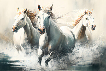 Watercolour abstract animal horse painting of white horses running through river stream water which could be used as a poster or flyer, computer Generative AI stock illustration image