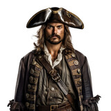 Halloween costumes -  Front view mid shot of white man dressed as pirate isolated on white transparent background