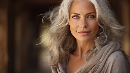 Portrait of a beautiful mature woman. With long white hair, she poses in a natural way.