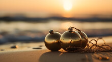 Christmas ball on the beach background