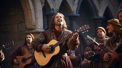 Poster - Medieval troubadours performing songs in a courtyard