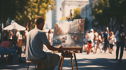 Wall Mural - Artists painting en plein air in a vibrant city square