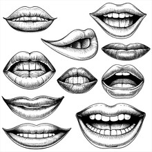 Hand Drawn Engraving Pen And Ink Mouth Collection Vintage Vector Illustration