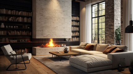 Dark loft living room with industrial style fireplace, large flo