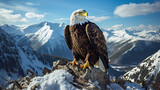 Fototapeta  - Majestic bald eagle perched high atop a rugged mountain peak