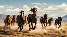 Energetic Wild Horses Galloping Freely Across A Vast Desert Landscape