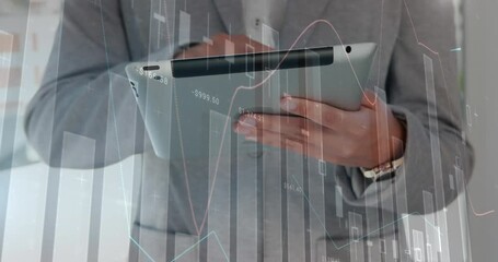 Poster - Animation of statistical data processing over mid section of businessman using tablet at office