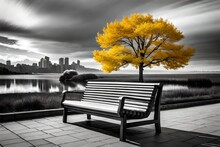 A Lone Bench Under The Yellow Tree On Beach Sad Background Generated By AI Tool