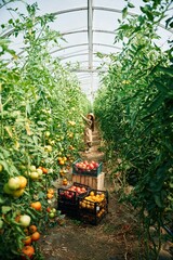 Wall Mural - Process of harvesting. Little girl is in the garden with tomatoes