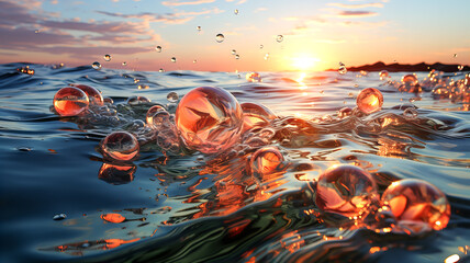 Wall Mural - Transparent soap bubbles on the clear blue water of the sea or other body of water, illuminated by the rays of the evening sun. Generative AI technology.
