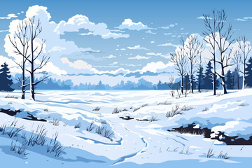 Beautiful winter landscape. Snow background. Winter forest, trees, field, snowdrifts and clear blue sky with amazing clouds. Vector illustration, design for banner, flyer, poster for print.