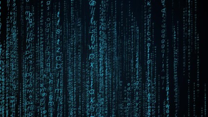 Aqua futuristic programming code rain falling on computer screen, seamless loop of abstract animation