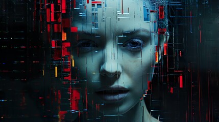 Wall Mural - Portrait of a woman in glitch art made with Ai generative technology, Property is fictional