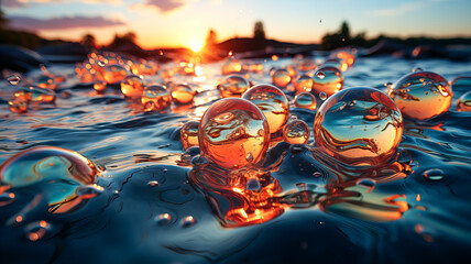 Wall Mural - Transparent soap bubbles on the clear blue water of the sea or other body of water, illuminated by the rays of the evening sun. Generative AI technology.