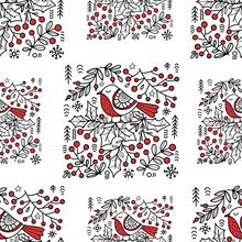 Christmas Folk Art Seamless Pattern.  Bird On Holly Branch