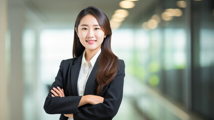 Wall Mural - Portrait of a beautiful young asian business woman smiling at the camera in open plan office. 