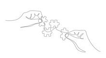 Continuous Line Drawing Of Hands Solving Puzzle Pieces, Jigsaw. Hands Connecting Puzzle Pieces. One Line Drawing For Business Matching, Teamwork Concept, Business Metaphor Of Solving Problem, Strategy