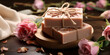 Natural homemade soap with pink roses aroma, wooden table and fresh flowers