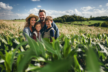 A farming family in the middle of a cornfield smiling for the camera. Generative ai