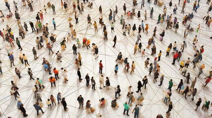 Top View Panoramic of Interconnected People with Web Lines.