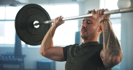 Wall Mural - Man, fitness and weightlifting barbell in workout, exercise or training for muscle gain at indoor gym. Active male person, athlete or bodybuilder lifting heavy weight or bar in motivation or power