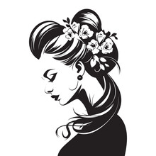 The Face Of A Beautiful Girl With Flowers In Her Hair. Black And White Silhouette. Creative Beauty Design.