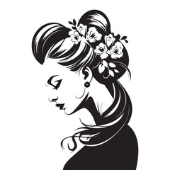 Sticker - The face of a beautiful girl with flowers in her hair. black and white silhouette. Creative beauty design.