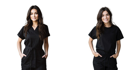 Poster - A young nurse with long dark hair stands confidently in a black dress smiling against a white wall